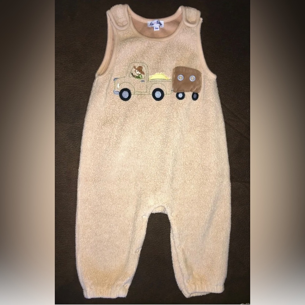 Baby Toddler Boys 9 Months Longall Romper Farm Tractor LeTop Fleece Tan EUC